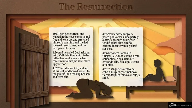 “The Resurrection”: the boy sneezes seven times and sits up; his mother bows at Elisha’s feet and takes her son (2 Kings 4:35–37).
