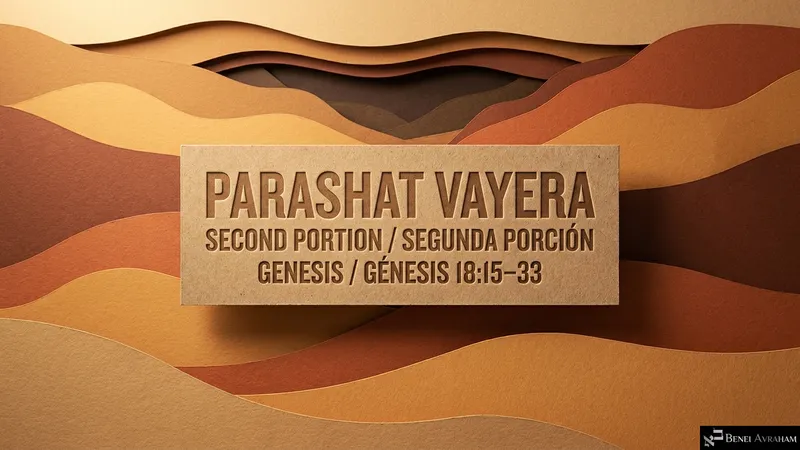 Title slide: Parashat Vayera, Second Portion (Segunda Porción), Genesis 18:15–33, on layered desert dunes.