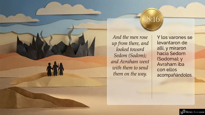 The men look toward smoking Sedom, and Avraham walks with them to send them on the way (Genesis 18:16).