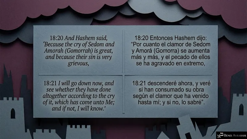 Storm clouds over the city: the cry of Sedom and Amorah is great, and Hashem will go down (Genesis 18:20–21).