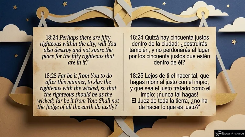 Balance scales frame Avraham’s plea for fifty righteous: “Shall not the Judge of all the earth do justly?” (Genesis 18:24–25).