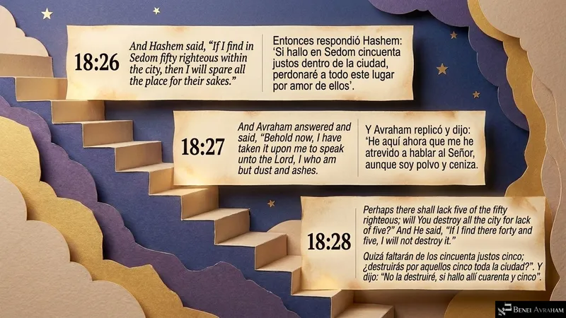 A staircase climbs into the night as Avraham, “but dust and ashes,” pleads from fifty down to forty-five (Genesis 18:26–28).