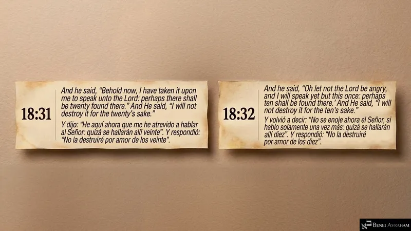Avraham’s last pleas, for twenty and then ten: “I will not destroy it for the ten’s sake” (Genesis 18:31–32).