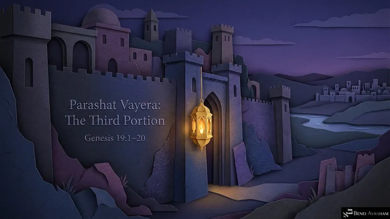 Title slide: Parashat Vayera, the Third Portion, Genesis 19:1–20, showing Sedom’s walled gate lit by a lantern at dusk.