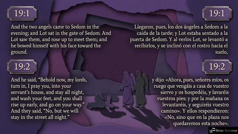 Lot, sitting in Sedom’s gate, bows before the two angels and urges them to lodge with him (Genesis 19:1–2).