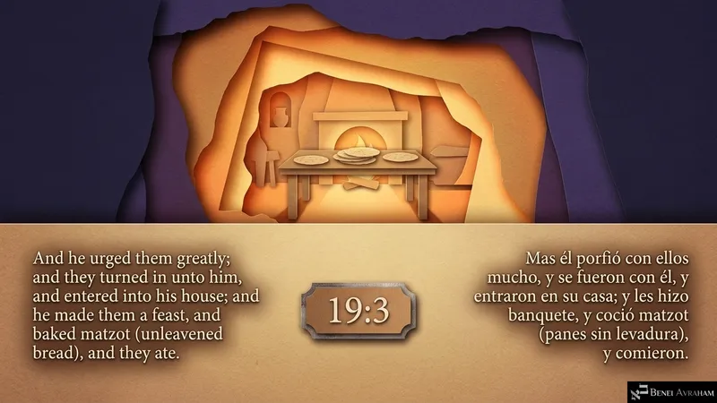 Lot’s warm hearth and a table of matzot: he makes the angels a feast inside his house (Genesis 19:3).