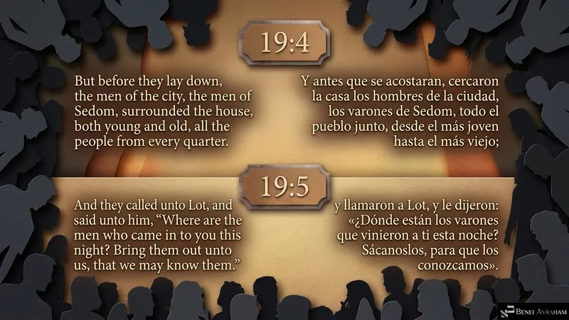 Shadowy crowds press in from every side as the men of Sedom surround Lot’s house, young and old (Genesis 19:4–5).