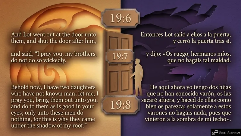 Lot shuts the door behind him and pleads with the men of Sedom not to do so wickedly (Genesis 19:6–8).