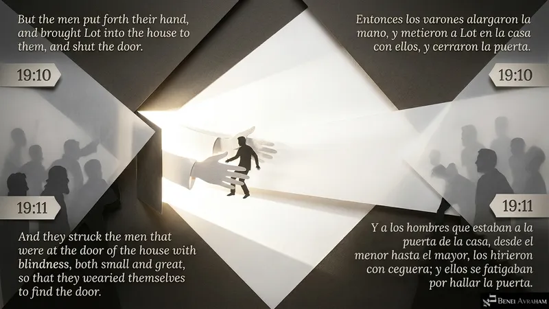 Hands of light pull Lot back inside, while the men at the door are struck with blindness (Genesis 19:10–11).