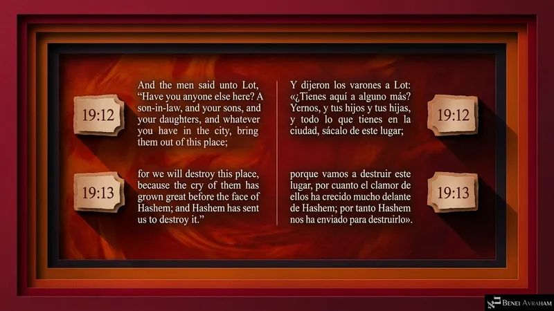 Framed in fire-red: the angels tell Lot to bring his family out, for Hashem will destroy the place (Genesis 19:12–13).