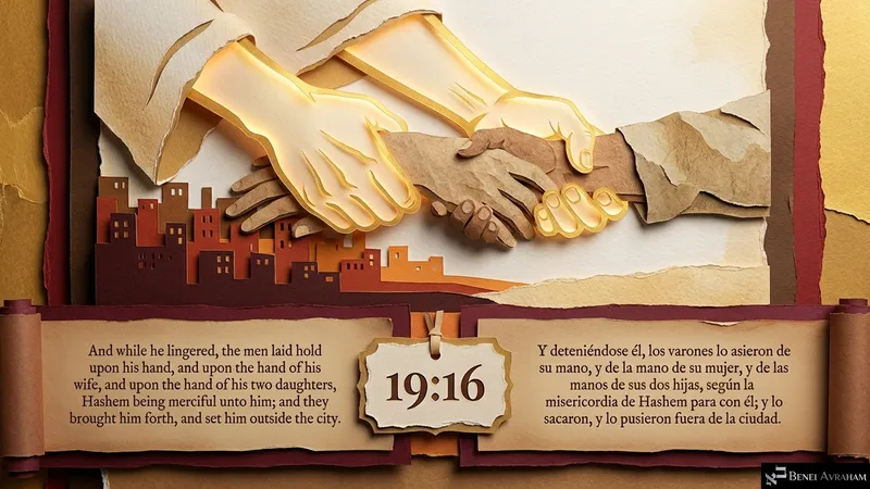Glowing hands of the angels grasp Lot’s hand as Hashem’s mercy brings him out of the city (Genesis 19:16).