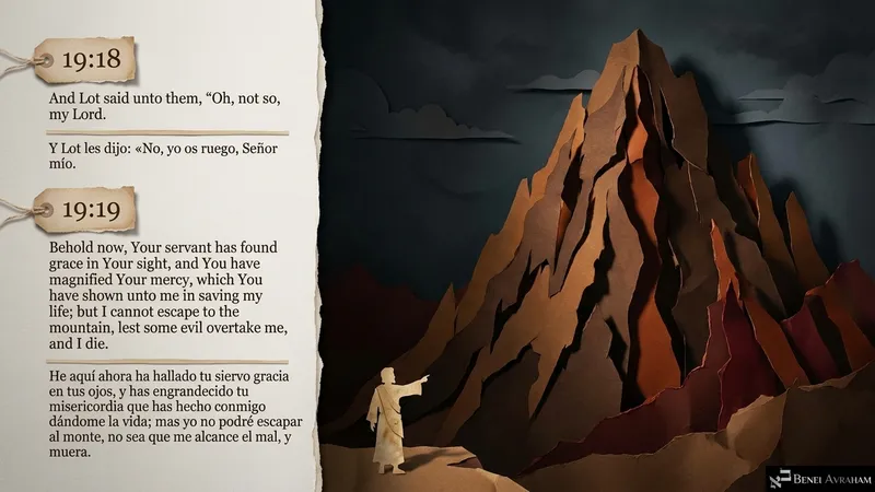 Lot points up at the towering mountain and pleads that he cannot escape there (Genesis 19:18–19).