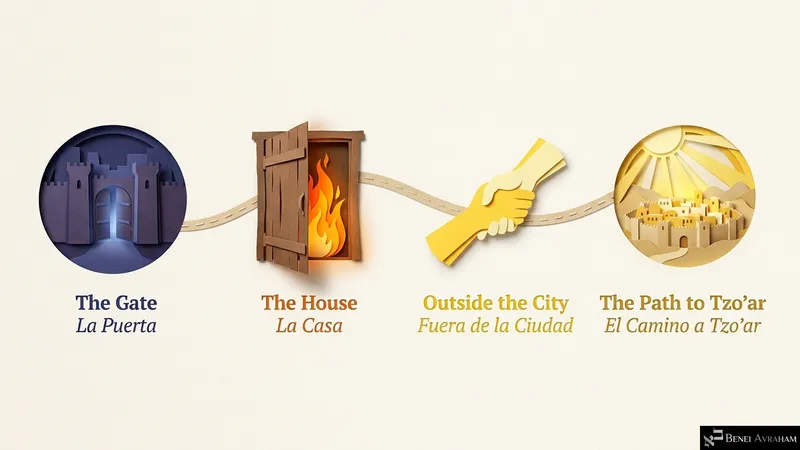 Summary of Lot’s rescue in four steps: the gate, the house, outside the city, and the path to Tzo’ar.