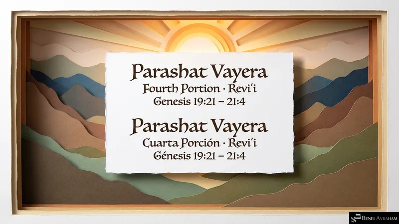 Title slide: Parashat Vayera, Fourth Portion, Revi’i, Genesis 19:21–21:4, before a rising sun over layered hills.