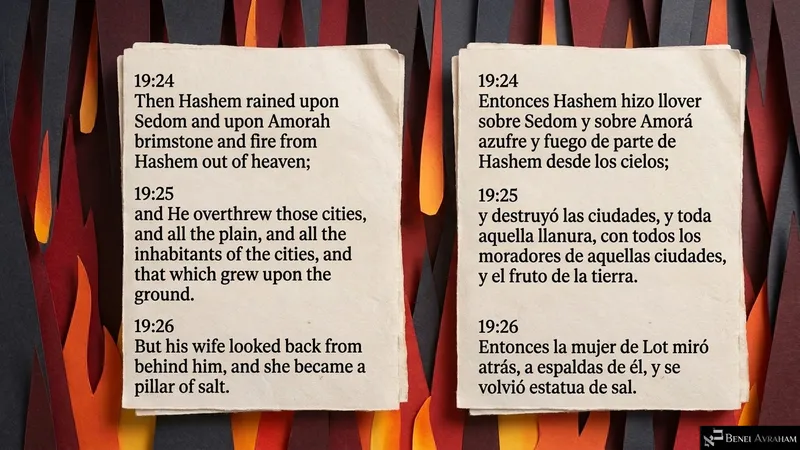 Paper flames: Hashem rains brimstone and fire on Sedom and Amorah; Lot’s wife becomes a pillar of salt (Genesis 19:24–26).