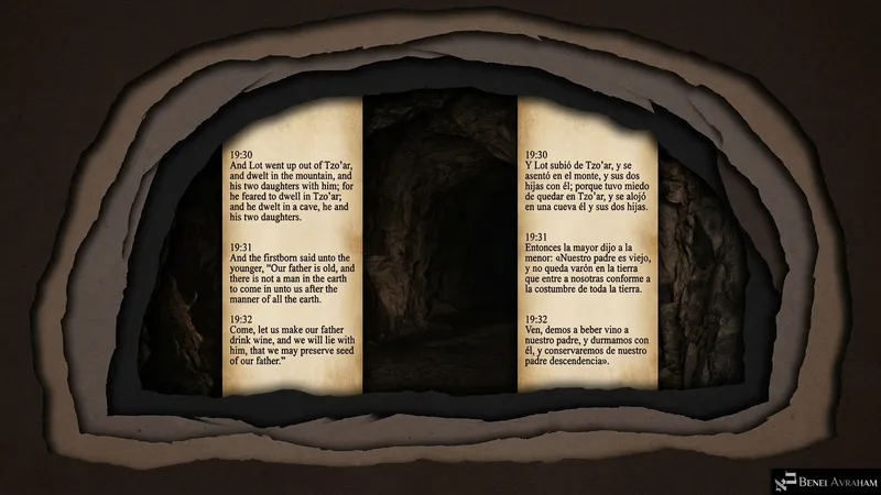In a dark mountain cave, Lot dwells with his two daughters after leaving Tzo’ar (Genesis 19:30–32).