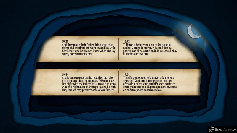 Under a crescent moon, the daughters make their father drink wine on two nights (Genesis 19:33–34).