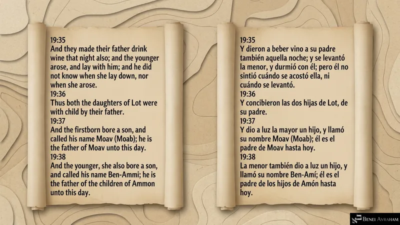 Scrolls record the births of Moav and Ben-Ammi, fathers of Moav and Ammon (Genesis 19:35–38).