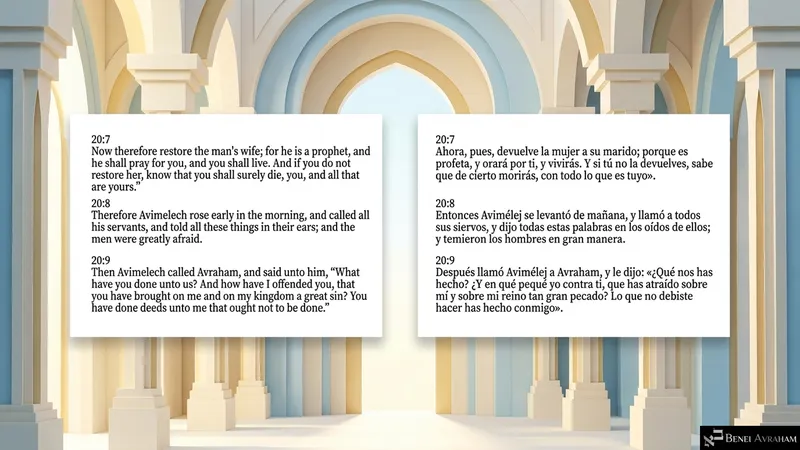 In a palace of arches, Avimelech is told to restore Sarah, for Avraham is a prophet, then confronts him (Genesis 20:7–9).