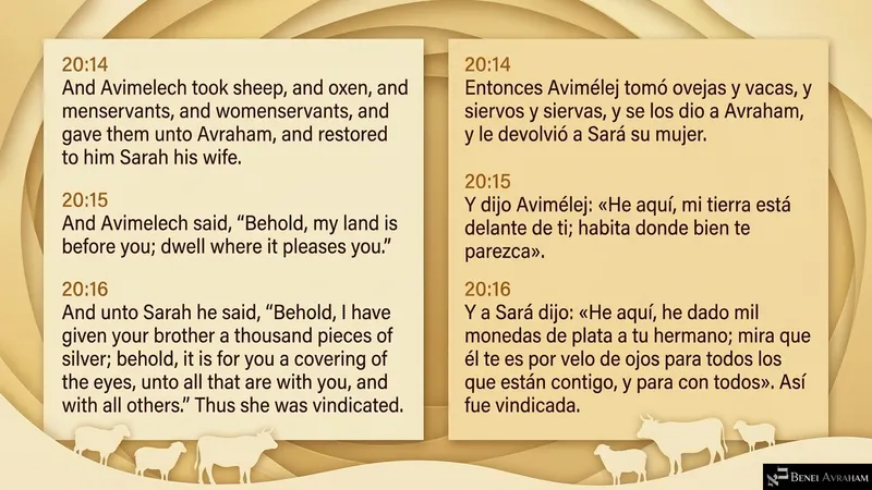 With sheep and oxen, Avimelech restores Sarah, offers his land, and gives a thousand pieces of silver (Genesis 20:14–16).