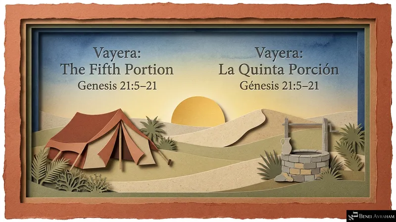 Title slide for Chamishi, the fifth portion of Vayera: a paper-cut tent and well under a desert sunrise (Genesis 21:5–21).