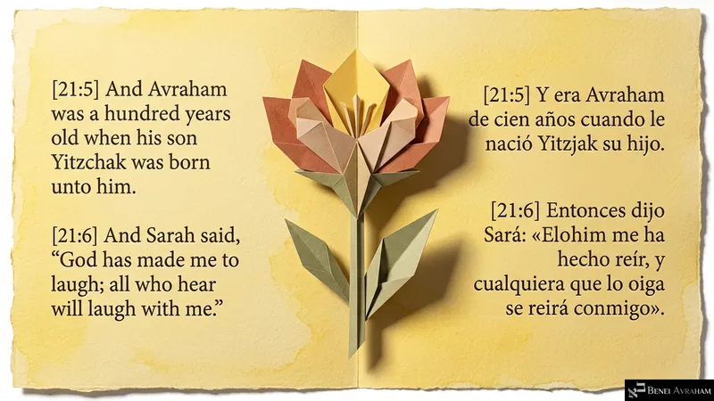 A folded paper flower blooms as Avraham, aged a hundred, welcomes Yitzḥak and Sarah laughs for joy (Genesis 21:5–6).