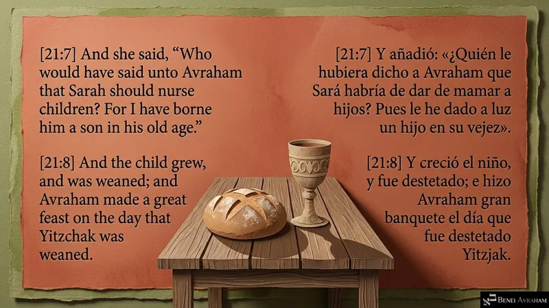 Bread and a cup on a wooden table recall Avraham’s great feast on the day Yitzḥak was weaned (Genesis 21:7–8).