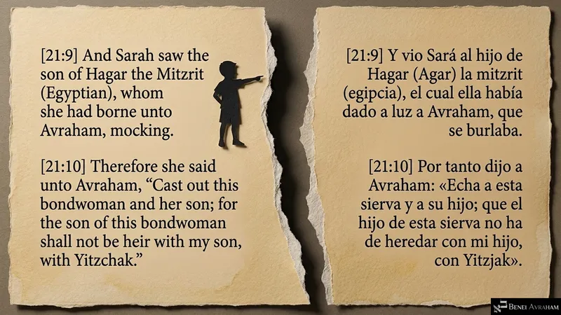 On torn parchment a boy’s silhouette points and mocks; Sarah asks Avraham to cast out the bondwoman and her son (Genesis 21:9–10).