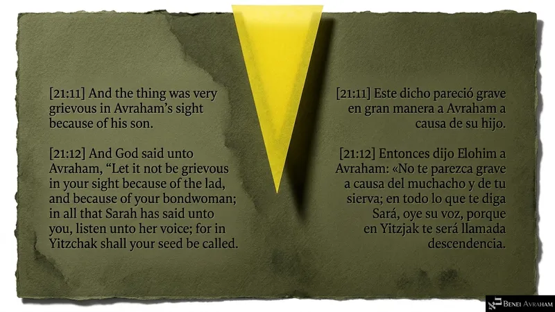 A shaft of light divides the page as God tells Avraham to listen to Sarah: “in Yitzḥak shall your seed be called” (Genesis 21:11–12).