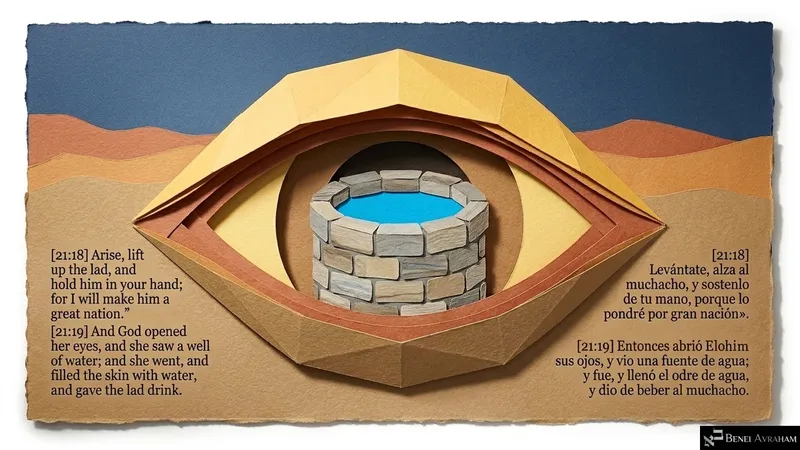 An opened eye frames a well of water: God opens Hagar’s eyes and she gives the lad drink (Genesis 21:18–19).