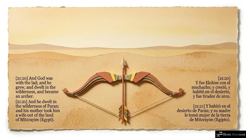 A bow and arrow in the desert: Yishmael grows up an archer in the wilderness of Paran, with a wife from Mitzrayim (Genesis 21:20–21).