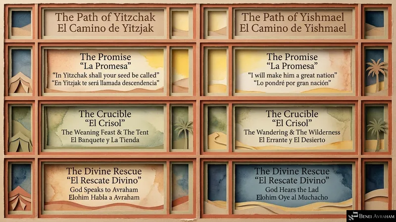 Summary chart comparing the paths of Yitzḥak and Yishmael: the promise, the crucible and the divine rescue of each son.