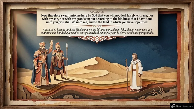 With raised hand Avimelech asks Avraham to swear by God to deal kindly with him and his descendants (Genesis 21:23).