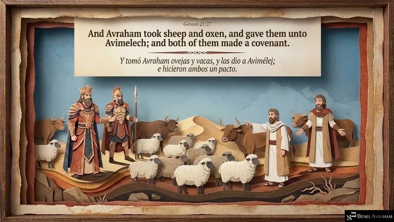 Sheep and oxen fill the scene as Avraham gives them to Avimelech and the two make a covenant (Genesis 21:27).