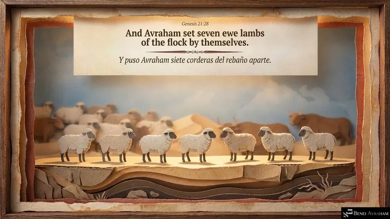 Seven ewe lambs stand in a row, set apart by Avraham from the flock (Genesis 21:28).