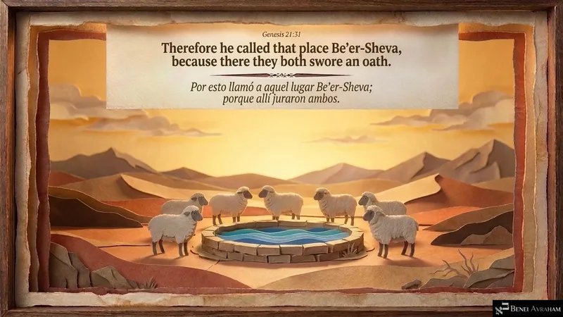 Sheep gather around the well as the place is named Be’er-Sheva, where both swore an oath (Genesis 21:31).