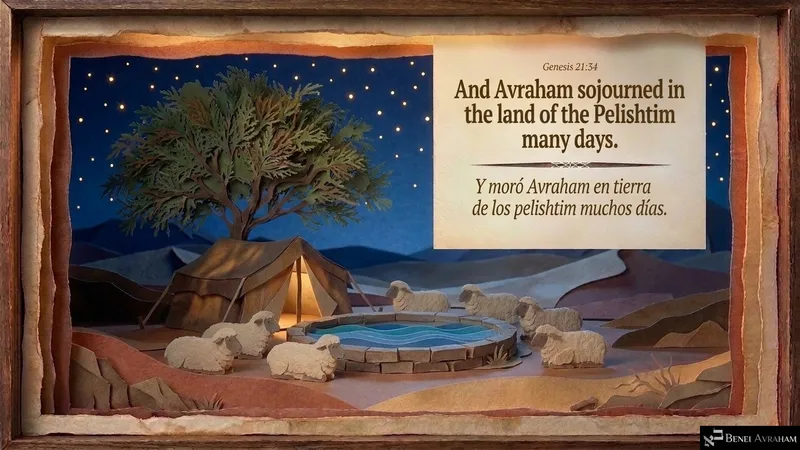 Avraham’s tent under the tamarisk on a starry night: he sojourns in the land of the Pelishtim many days (Genesis 21:34).