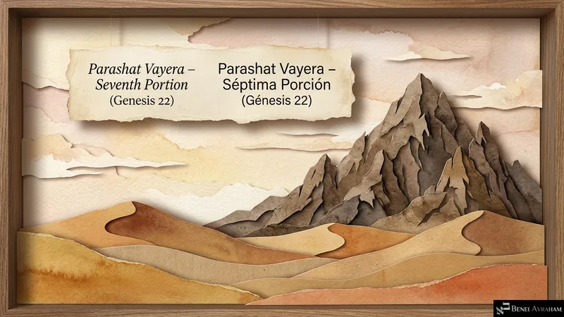 Title slide for Shevi’i, the seventh portion of Vayera: a jagged paper-cut mountain rising above desert dunes (Genesis 22).