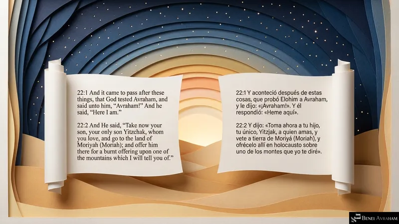 Twin scrolls under a starry sky: God tests Avraham and commands him to offer Yitzḥak in the land of Moriyah (Genesis 22:1–2).