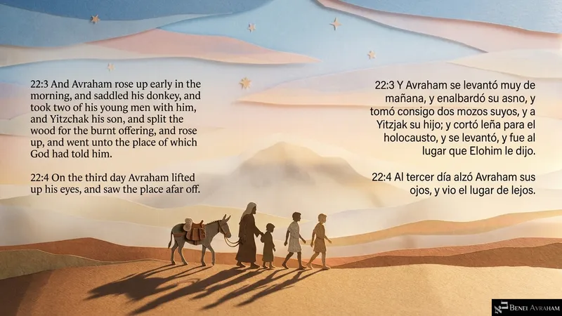 Avraham, Yitzḥak, two young men and a donkey set out at dawn and see the place afar off on the third day (Genesis 22:3–4).