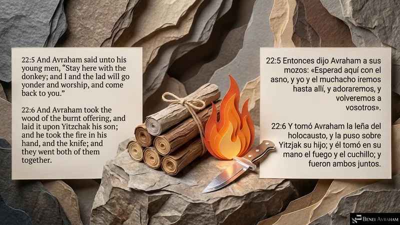 Bound wood, fire and knife on a rock: Avraham lays the wood on Yitzḥak and they go on together (Genesis 22:5–6).