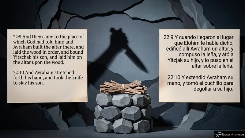 A knife’s shadow falls over a stone altar laid with wood as Avraham binds Yitzḥak and takes the knife (Genesis 22:9–10).