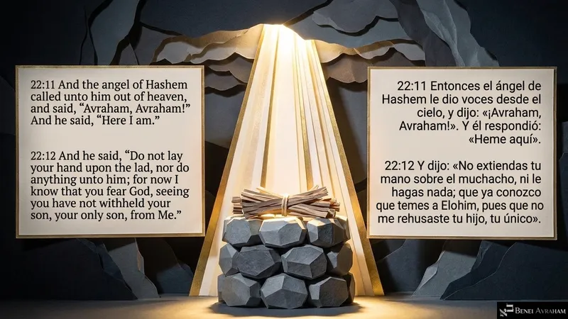 Light pours down on the altar as the angel of Hashem calls, “Do not lay your hand upon the lad” (Genesis 22:11–12).