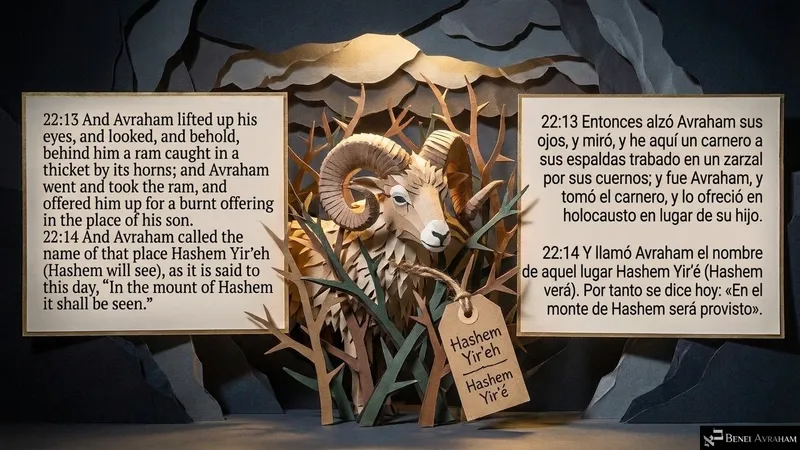 A ram caught by its horns in a thicket, tagged “Hashem Yir’eh”: Avraham offers it in place of his son (Genesis 22:13–14).