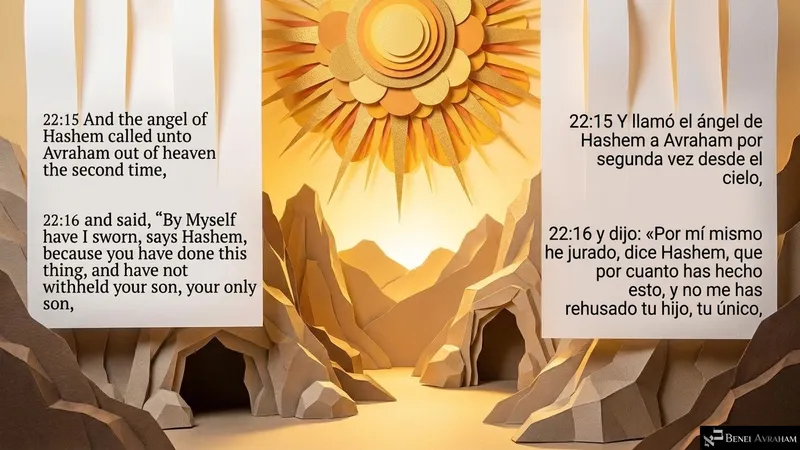 A radiant sun between rocky cliffs: the angel of Hashem calls a second time, “By Myself have I sworn” (Genesis 22:15–16).