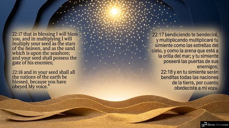 Countless stars over desert sand picture the promise to multiply Avraham’s seed, a blessing to all nations (Genesis 22:17–18).