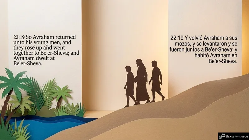 Silhouetted figures walk over the dunes as Avraham returns to his young men and dwells at Be’er-Sheva (Genesis 22:19).