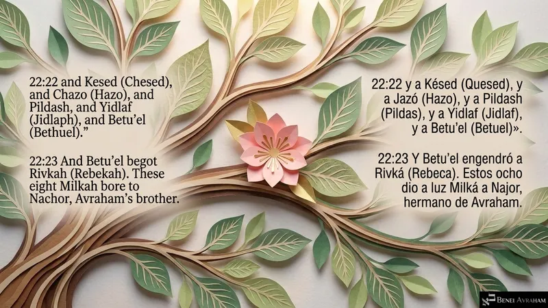 A pink blossom on the family tree marks the birth of Rivkah, daughter of Betu’el, among Naḥor’s eight sons (Genesis 22:22–23).