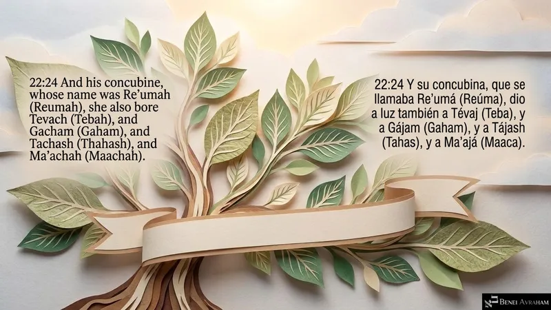Leafy branches and a ribbon complete Naḥor’s family with the sons of his concubine Re’umah (Genesis 22:24).