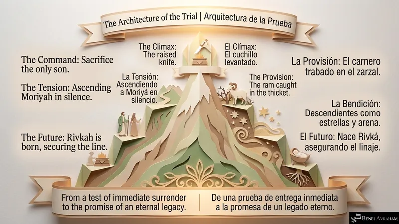 Mountain diagram of the Akedah’s structure: command, ascent, raised knife, ram, blessing and Rivkah’s birth, from surrender to eternal legacy.